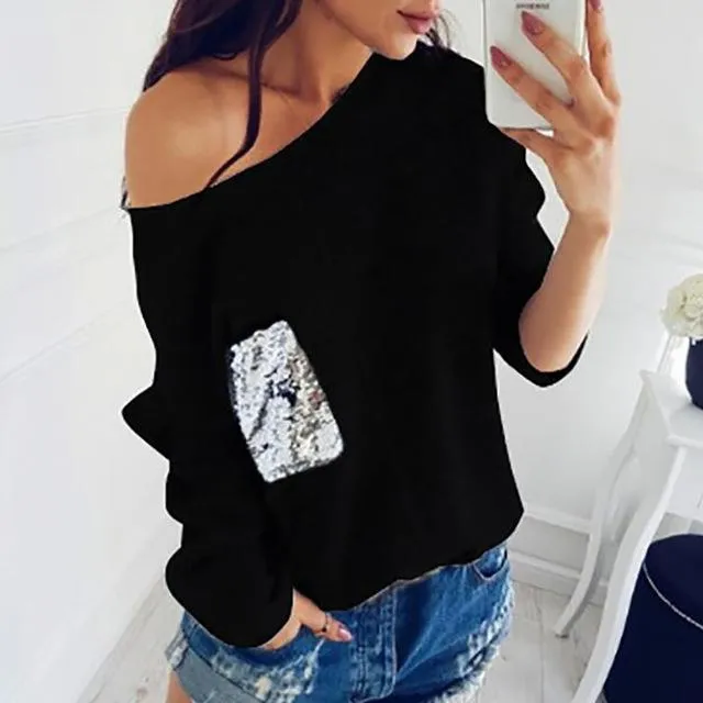 Knitted Sequined Slash Neck Pullover