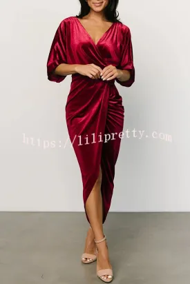 Lilipretty Brendy V Neck Half Sleeve Velvet Pleated Midi Dress