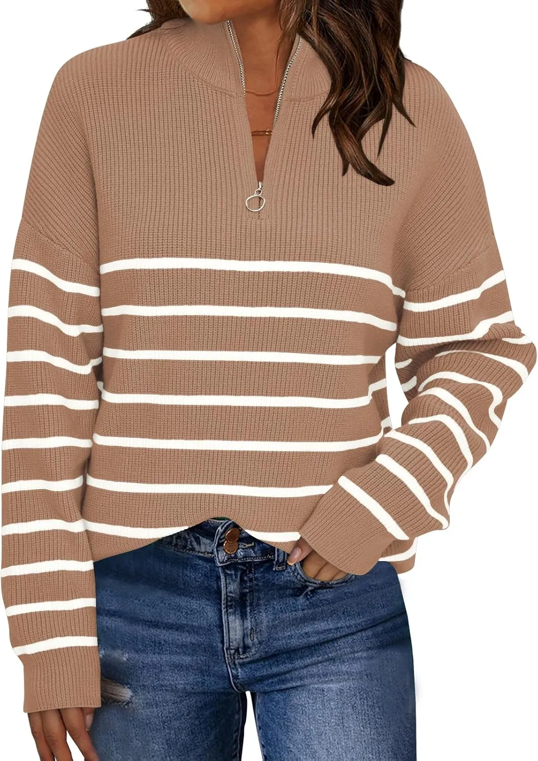 LILLUSORY Women's Quarter Zip Striped Oversized Sweater Mock Turtleneck Pullover Fall Fashion Outfit Winter Trendy Clothes