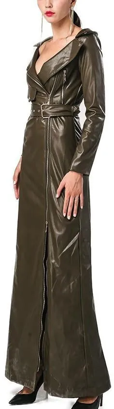 Long Zip Faux-Leather Dress-Coat in Black or Green