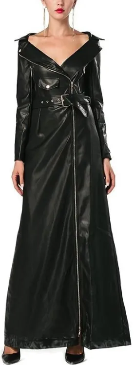 Long Zip Faux-Leather Dress-Coat in Black or Green