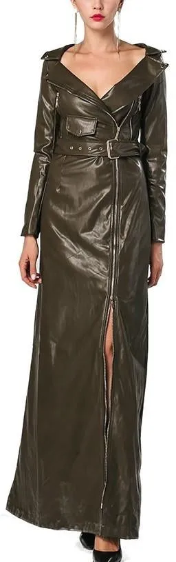 Long Zip Faux-Leather Dress-Coat in Black or Green