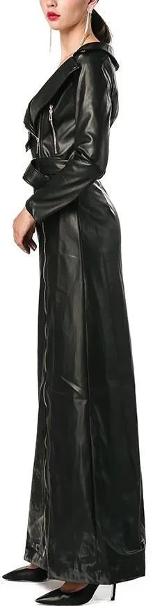 Long Zip Faux-Leather Dress-Coat in Black or Green
