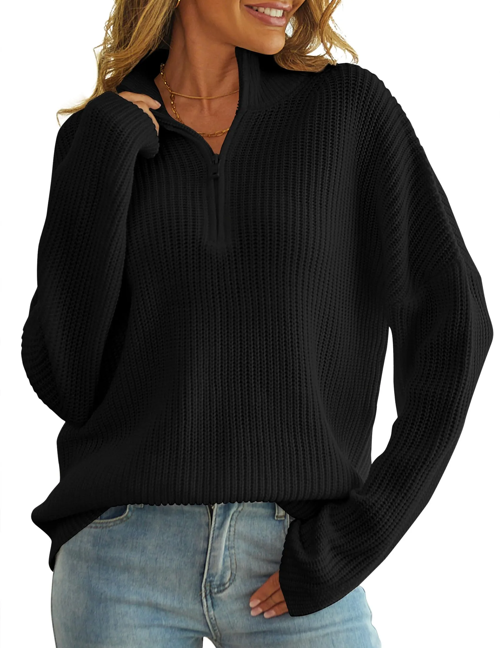 MEROKEETY Long Sleeve 1/4 Zip Polo V Neck Chunky Sweater