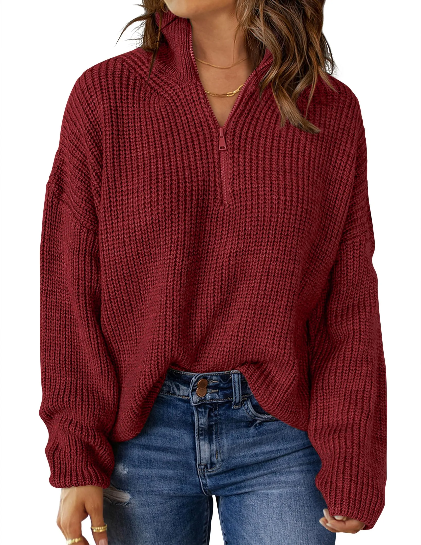 MEROKEETY Long Sleeve 1/4 Zip Polo V Neck Chunky Sweater