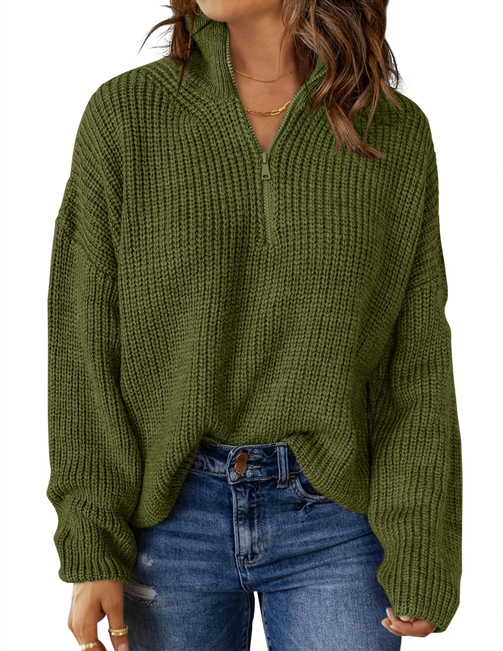 MEROKEETY Long Sleeve 1/4 Zip Polo V Neck Chunky Sweater