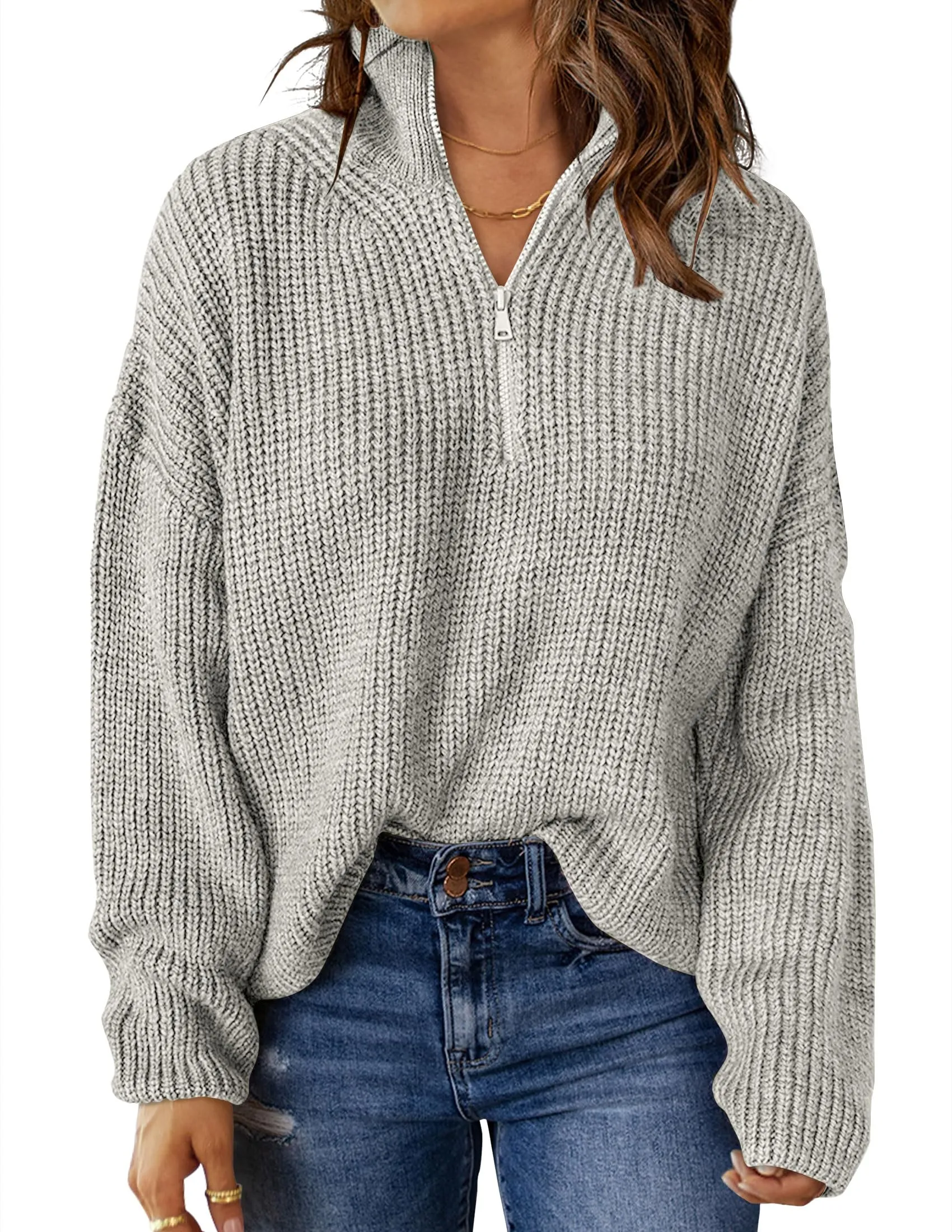 MEROKEETY Long Sleeve 1/4 Zip Polo V Neck Chunky Sweater