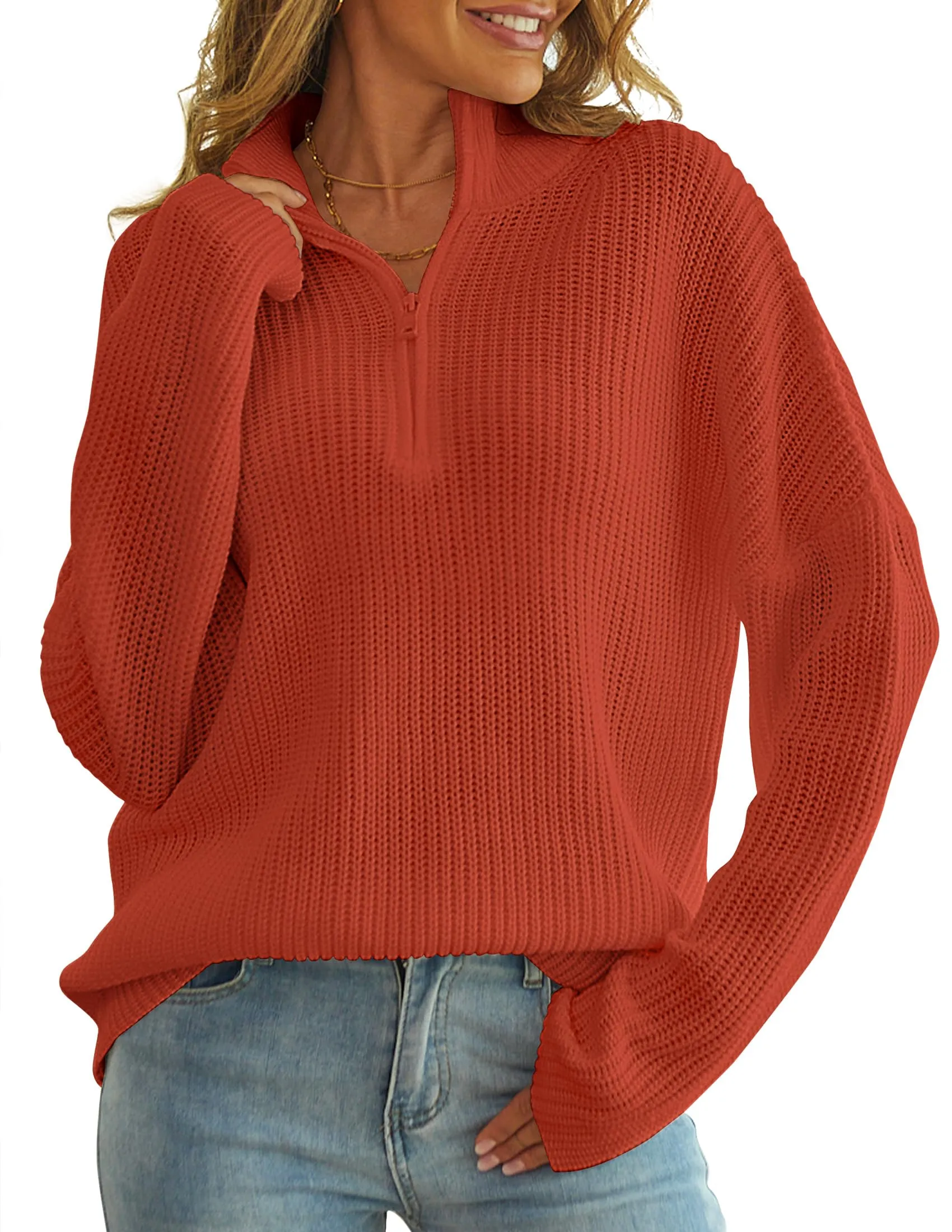 MEROKEETY Long Sleeve 1/4 Zip Polo V Neck Chunky Sweater