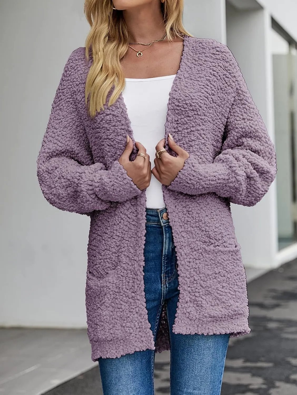 MEROKEETY Women's 2025 Winter Fuzzy Popcorn Batwing Sleeve Cardigan Knit Oversized Sherpa Sweater Coat