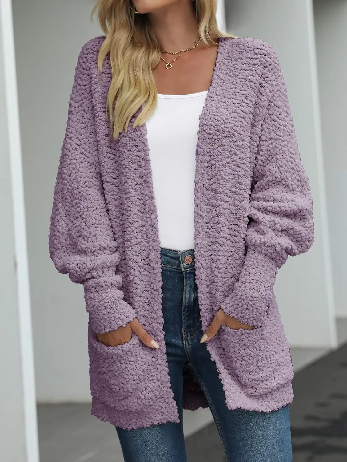 MEROKEETY Women's 2025 Winter Fuzzy Popcorn Batwing Sleeve Cardigan Knit Oversized Sherpa Sweater Coat