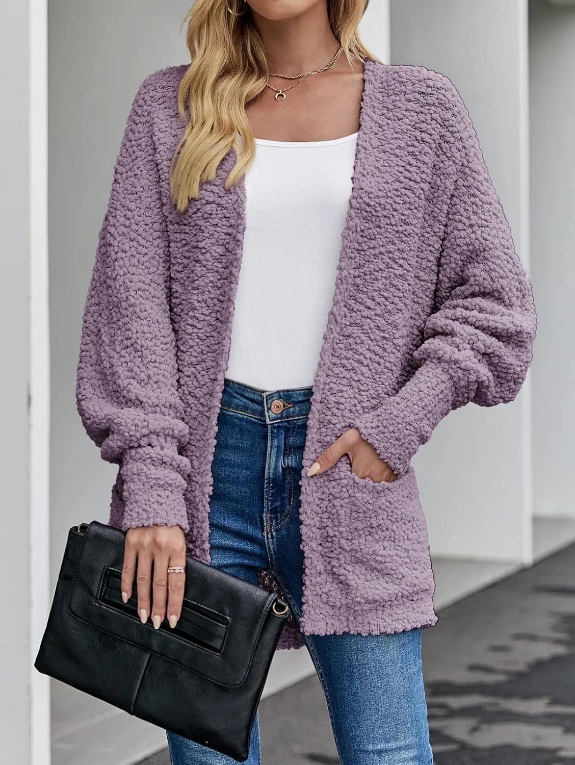 MEROKEETY Women's 2025 Winter Fuzzy Popcorn Batwing Sleeve Cardigan Knit Oversized Sherpa Sweater Coat