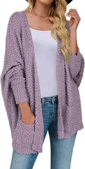 MEROKEETY Women's 2025 Winter Fuzzy Popcorn Batwing Sleeve Cardigan Knit Oversized Sherpa Sweater Coat