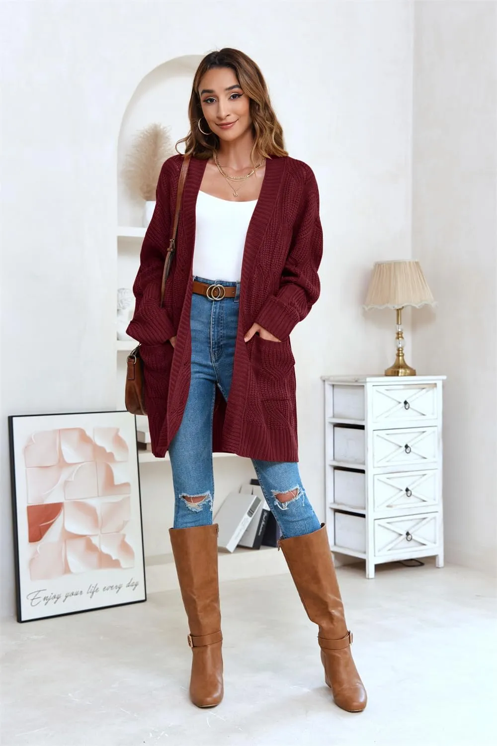 Miladusa Women's Cardigan Sweaters Long Sleeve Plus Size Solid Cable Knit Open Front Outerwear with Pockets