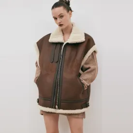 New Chocolate Brown Women Aviator Sheepskin  Leather Vest