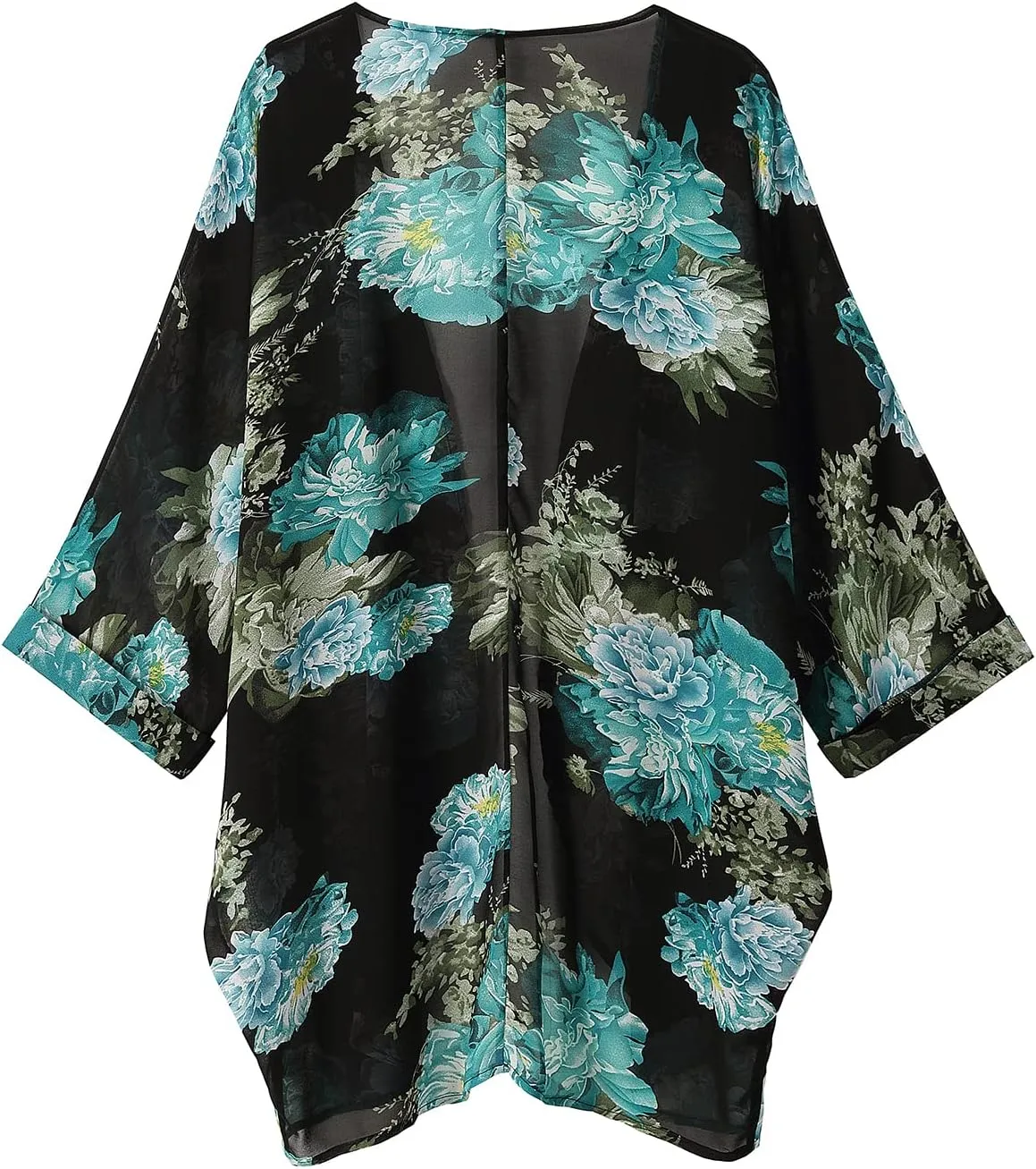 olrain Women's Floral Print Sheer Chiffon 3/4 Bat Sleeve Casual Loose Kimono Cardigan Capes