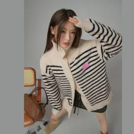 Oversized Cosy Button Striped Cardigan