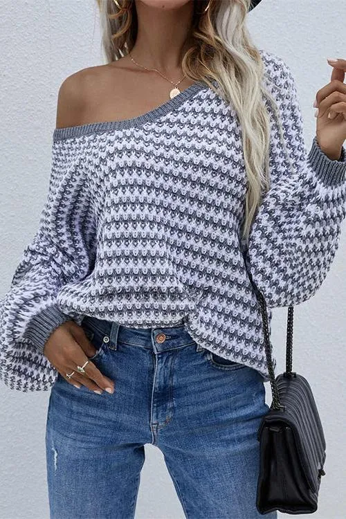 Oversized Stripe V Neck Puff Sleeve Sweater