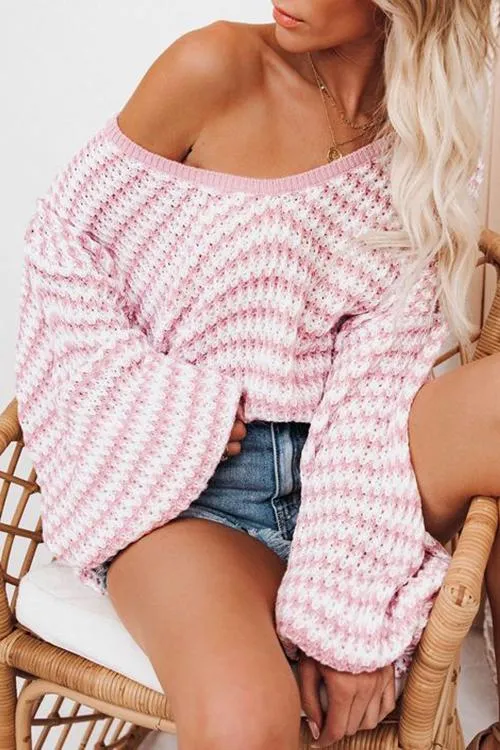Oversized Stripe V Neck Puff Sleeve Sweater