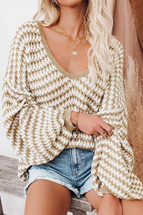 Oversized Stripe V Neck Puff Sleeve Sweater