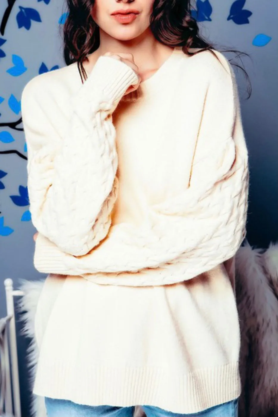 PULLOVER SWEATER WITH LONG CHUNKY CABLE SLEEVES