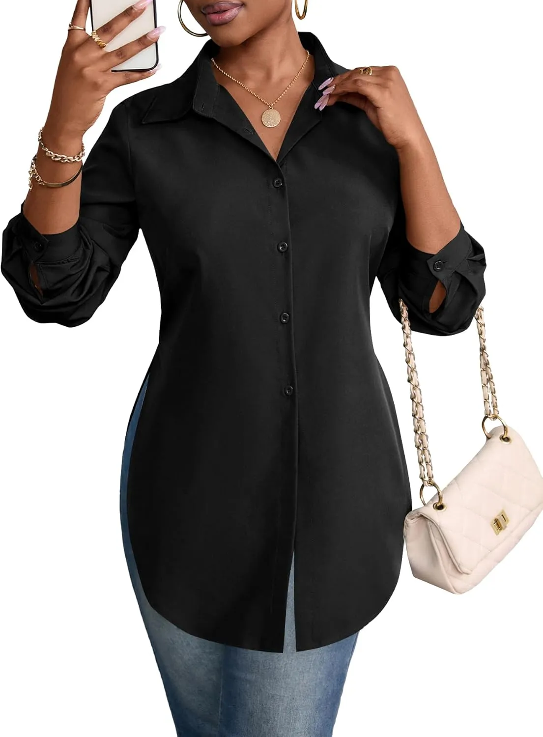 Rooscier Women's Collar V Neck Long Sleeve Slit Side Button Down Long Shirt Blouse Top