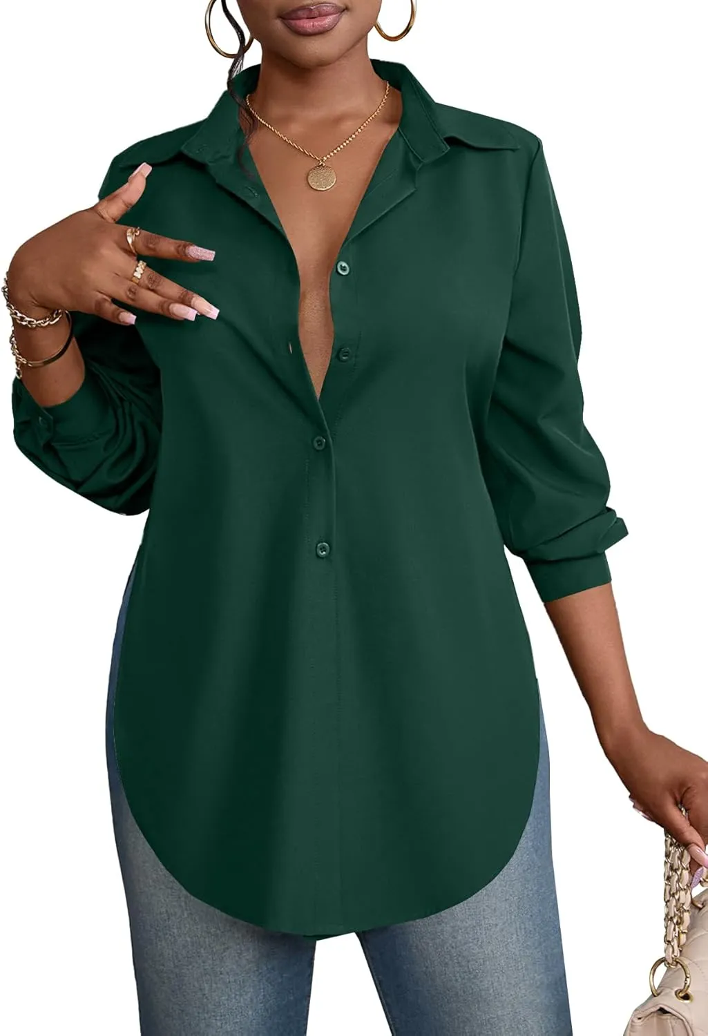 Rooscier Women's Collar V Neck Long Sleeve Slit Side Button Down Long Shirt Blouse Top