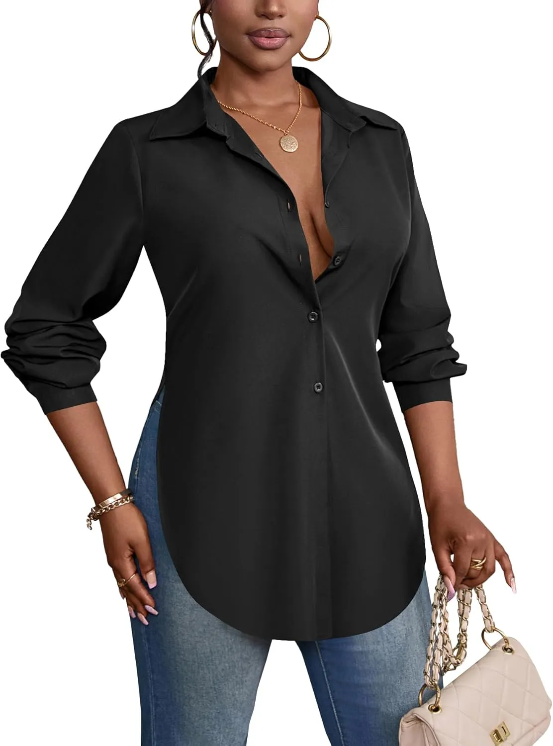 Rooscier Women's Collar V Neck Long Sleeve Slit Side Button Down Long Shirt Blouse Top