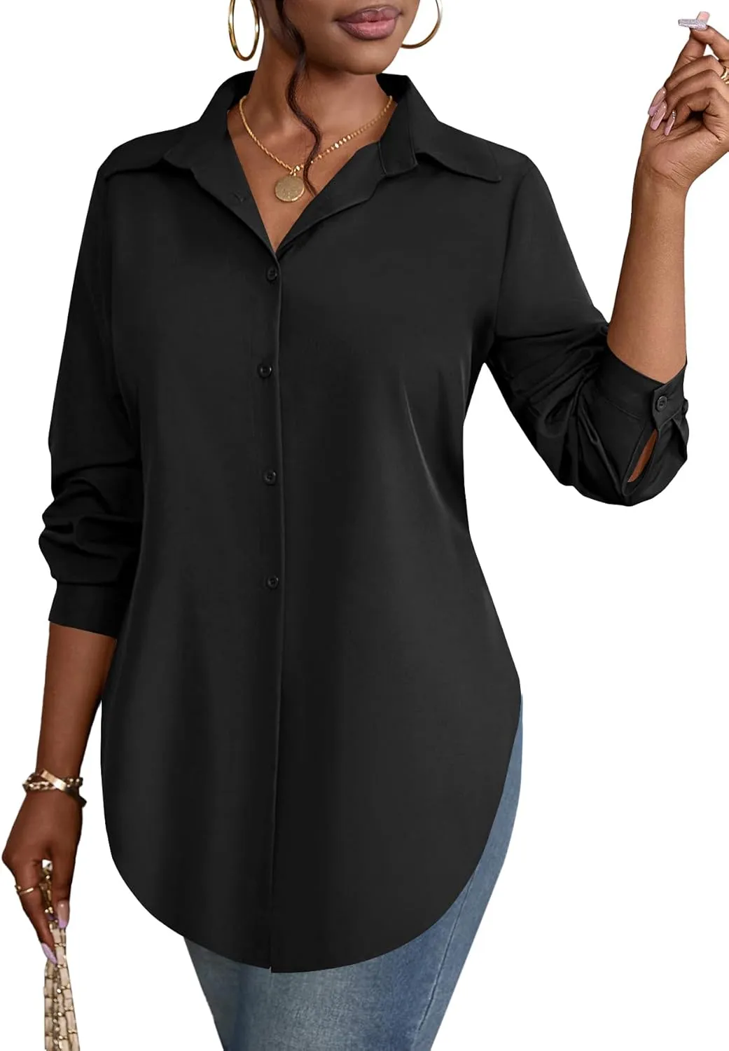 Rooscier Women's Collar V Neck Long Sleeve Slit Side Button Down Long Shirt Blouse Top