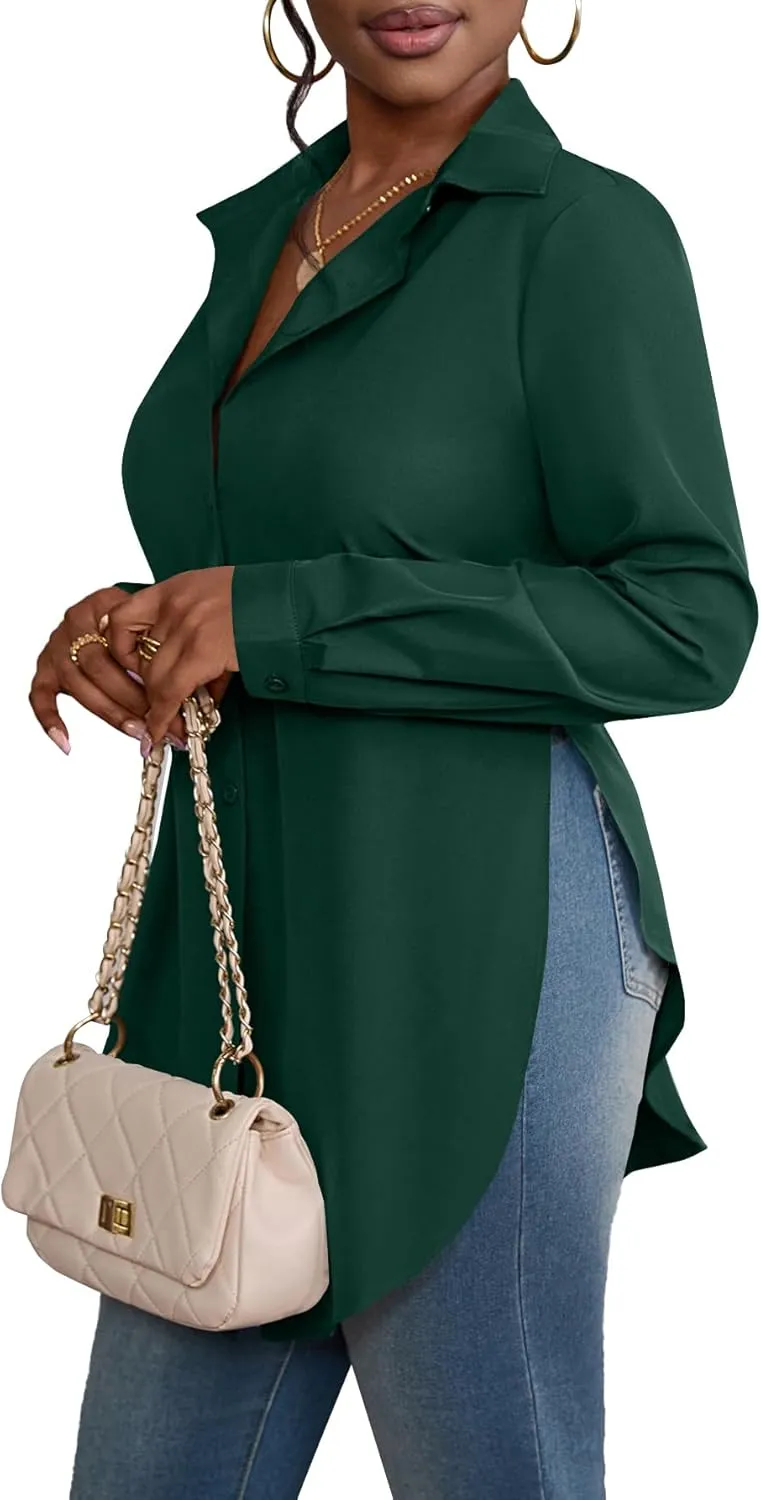 Rooscier Women's Collar V Neck Long Sleeve Slit Side Button Down Long Shirt Blouse Top