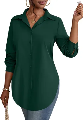 Rooscier Women's Collar V Neck Long Sleeve Slit Side Button Down Long Shirt Blouse Top