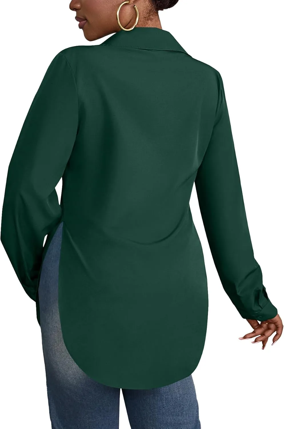 Rooscier Women's Collar V Neck Long Sleeve Slit Side Button Down Long Shirt Blouse Top