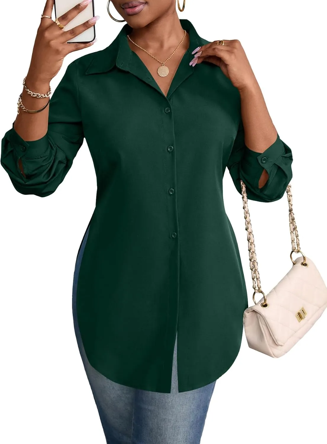 Rooscier Women's Collar V Neck Long Sleeve Slit Side Button Down Long Shirt Blouse Top