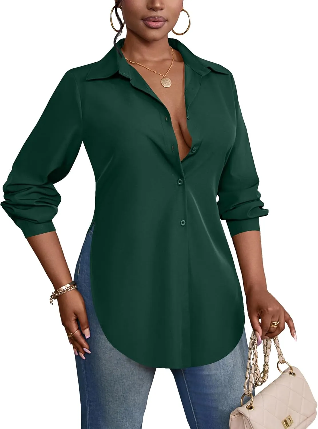 Rooscier Women's Collar V Neck Long Sleeve Slit Side Button Down Long Shirt Blouse Top