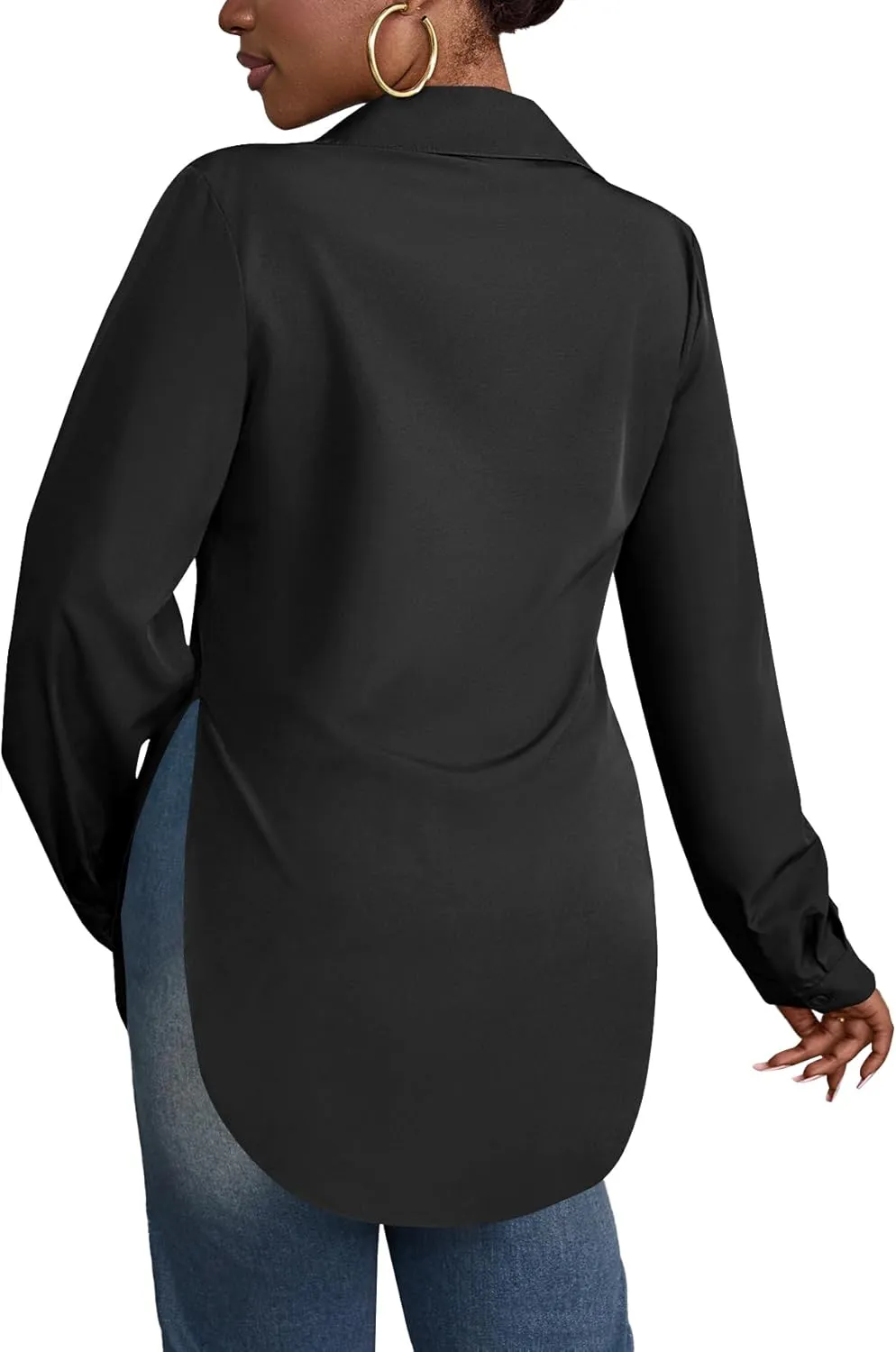 Rooscier Women's Collar V Neck Long Sleeve Slit Side Button Down Long Shirt Blouse Top