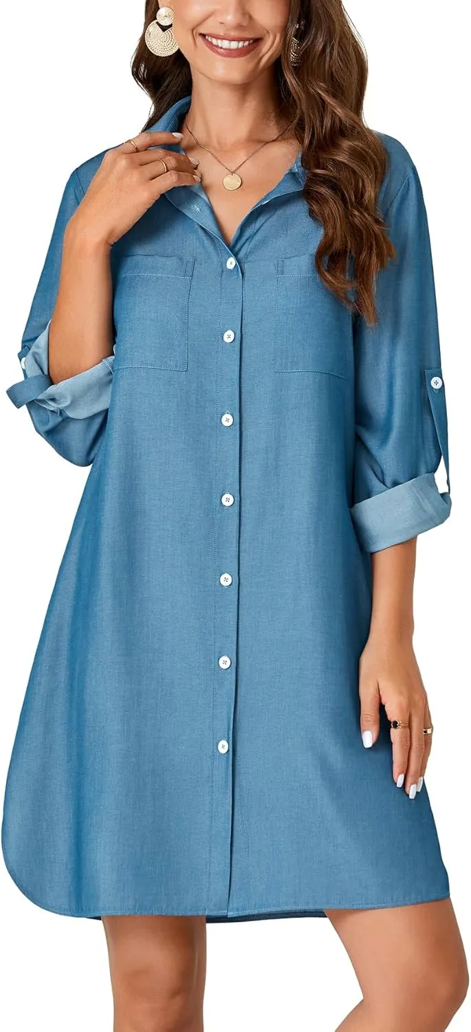 Rooscier Women's Roll Up Sleeve Button Down V Neck Oversized Pockets Denim Shirt Dress