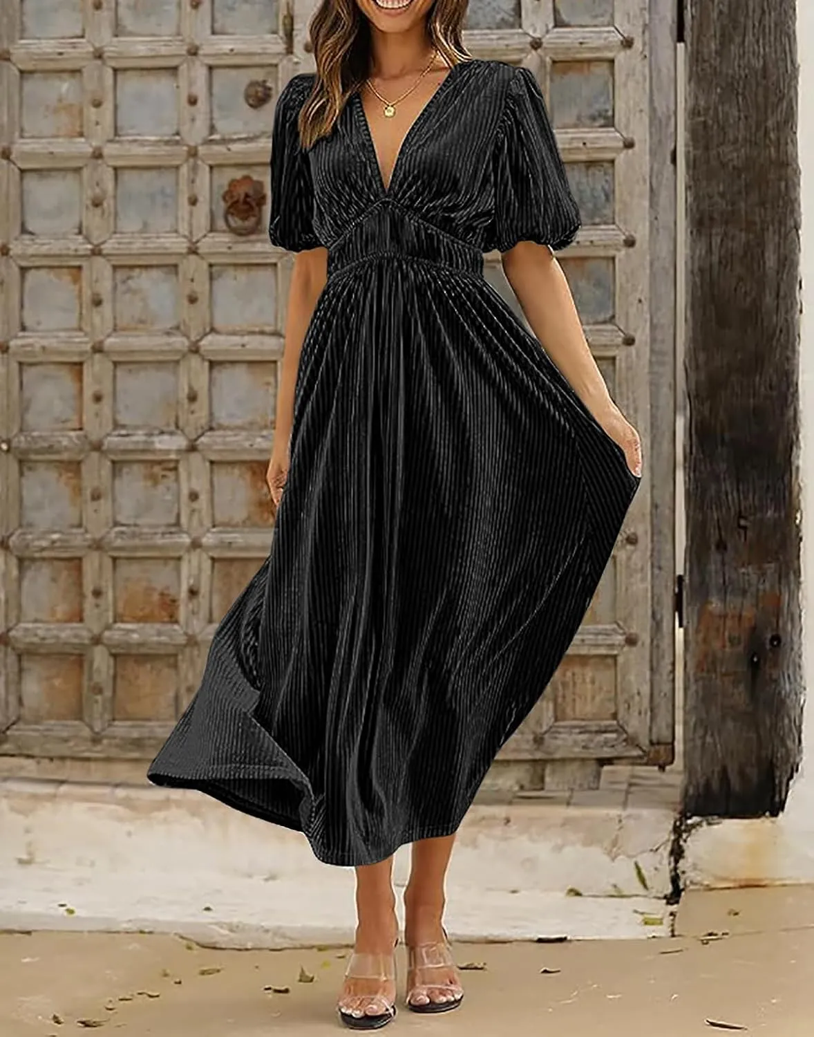 R.Vivimos Women's Fall Winter Velvet Dress Puff Sleeve Sexy Deep V Neck Elastic High Waist A-Line Elegant Casual Midi Dress