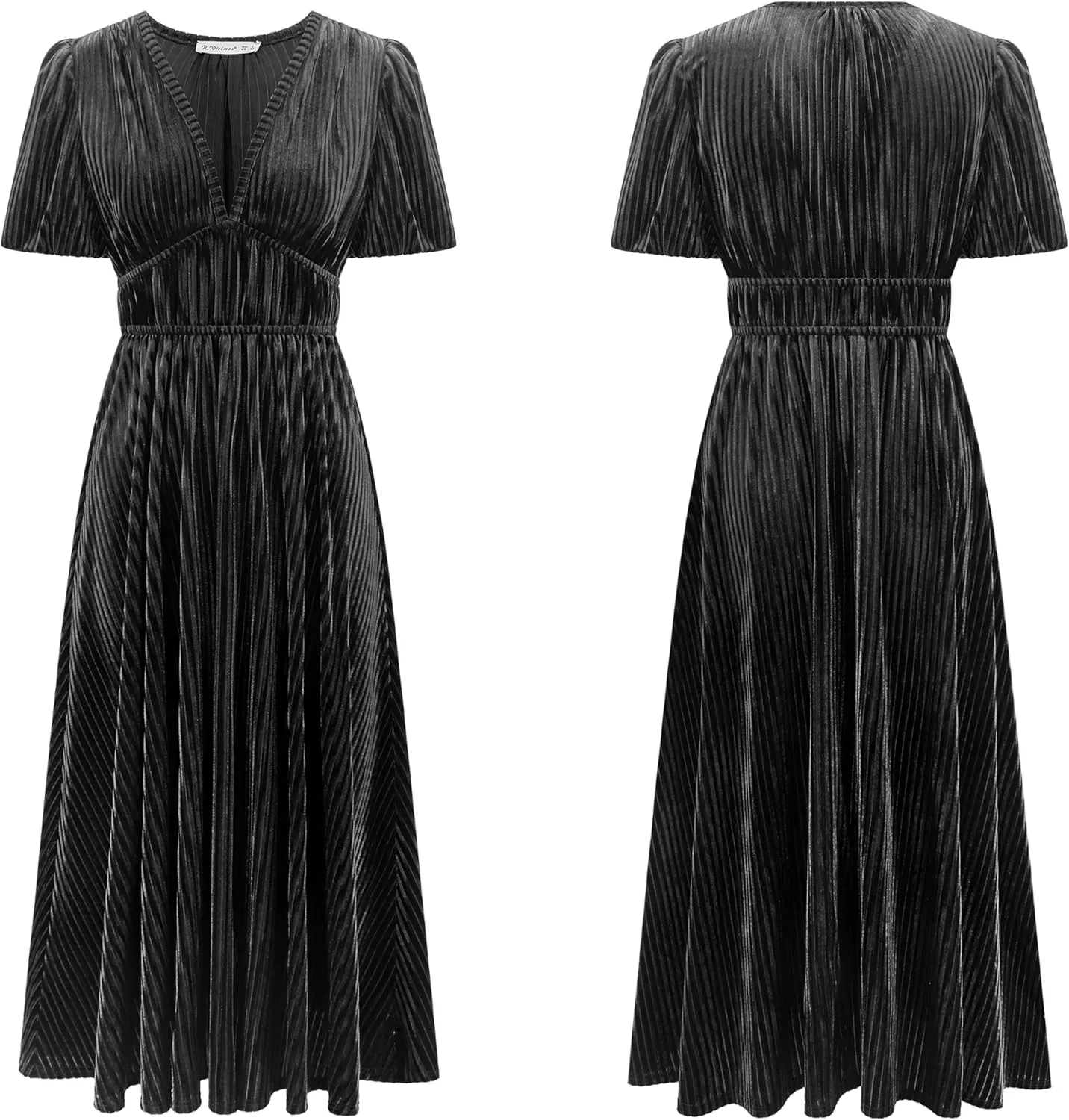 R.Vivimos Women's Fall Winter Velvet Dress Puff Sleeve Sexy Deep V Neck Elastic High Waist A-Line Elegant Casual Midi Dress
