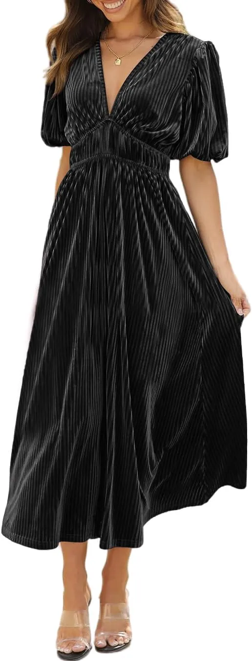 R.Vivimos Women's Fall Winter Velvet Dress Puff Sleeve Sexy Deep V Neck Elastic High Waist A-Line Elegant Casual Midi Dress