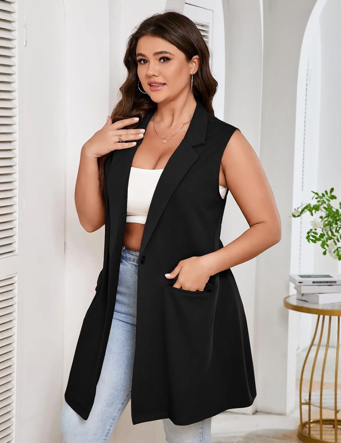 ShopWonder Women's Plus Size Sleeveless Blazer Lapel Single Button Casual Work Office Jacket Vests with Pockets