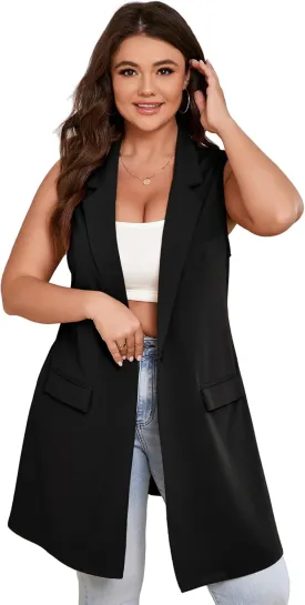 ShopWonder Women's Plus Size Sleeveless Blazer Lapel Single Button Casual Work Office Jacket Vests with Pockets