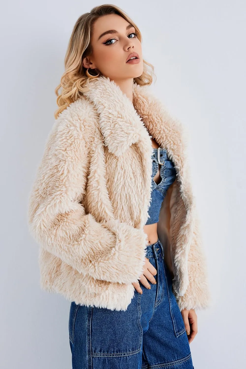 SUGAR POISON Women Winter Coats 2023 Women's Long Sleeve Fluffy Faux Fur Warm Coat Sherpa Jacket Outwear