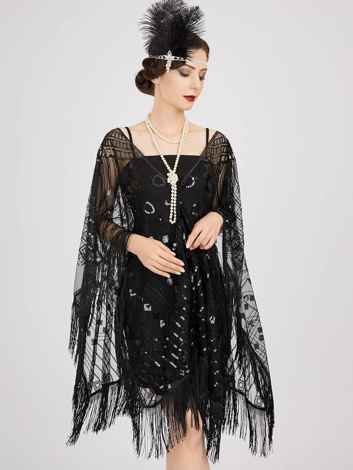 SWEETV Women's 1920s Long Shawl Wraps,Sequin Flapper Evening Shawls for women formal/Party/Wedding/Formal/Harlem night
