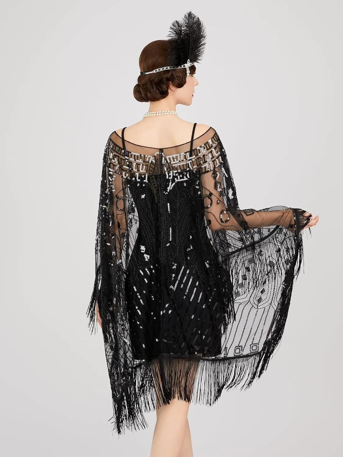 SWEETV Women's 1920s Long Shawl Wraps,Sequin Flapper Evening Shawls for women formal/Party/Wedding/Formal/Harlem night