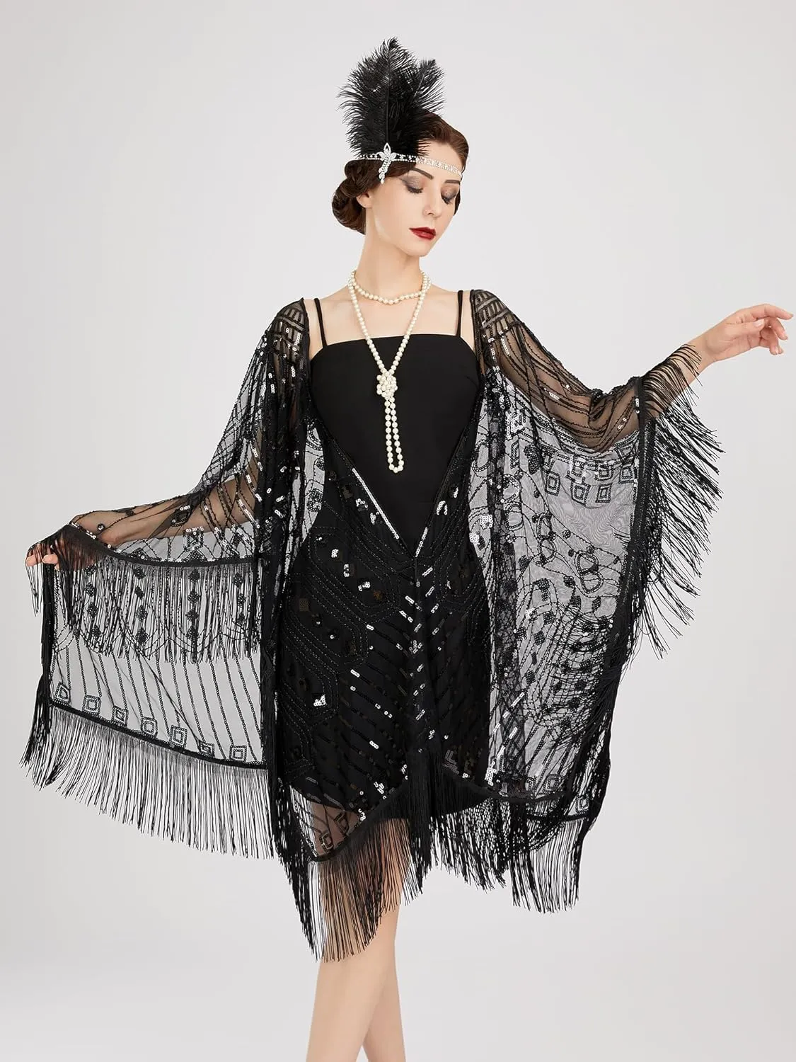 SWEETV Women's 1920s Long Shawl Wraps,Sequin Flapper Evening Shawls for women formal/Party/Wedding/Formal/Harlem night