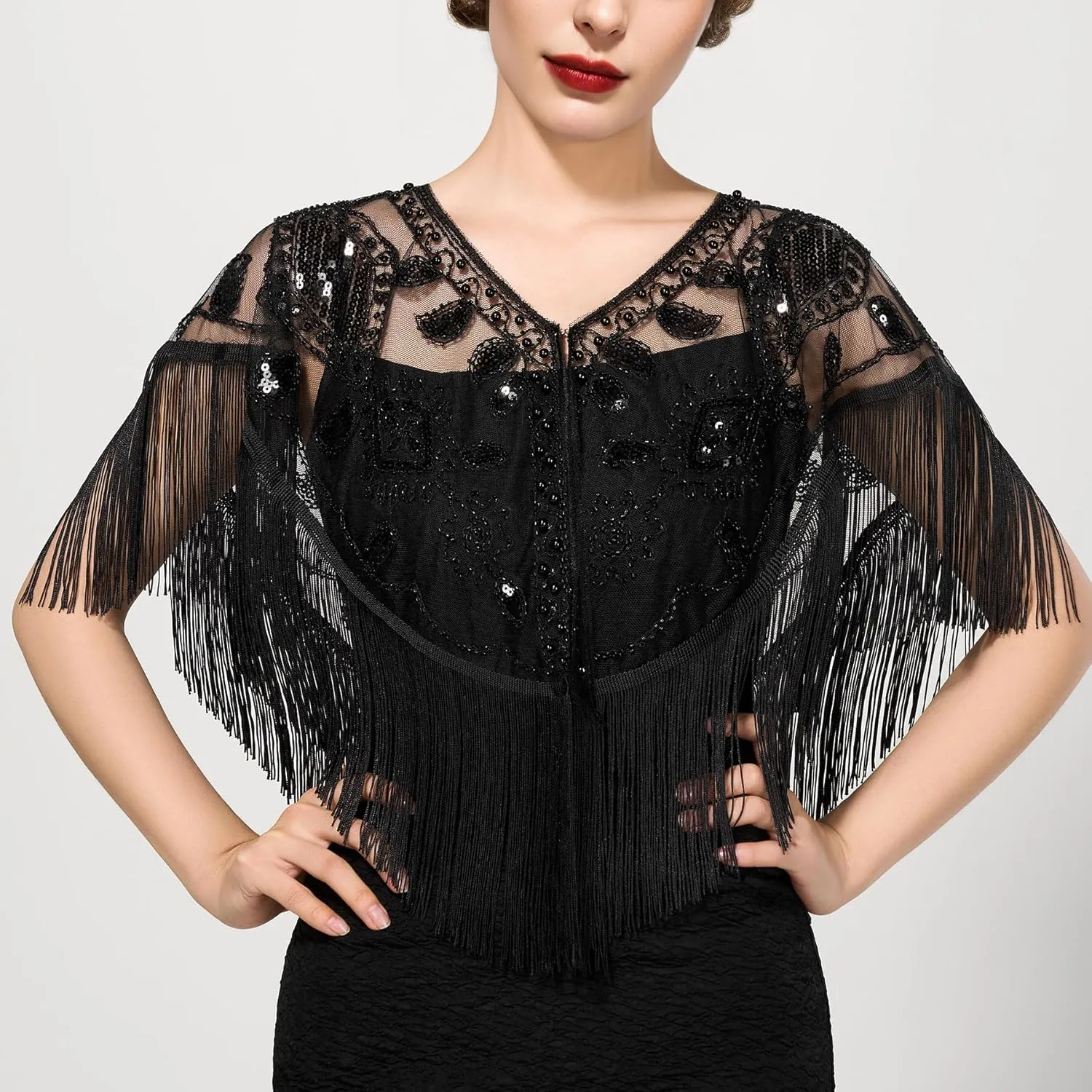 SWEETV Women's 1920s Shawl Wraps,Sequin Beaded Flapper Evening Shawls for women formal/Party/Wedding/Formal/Harlem night