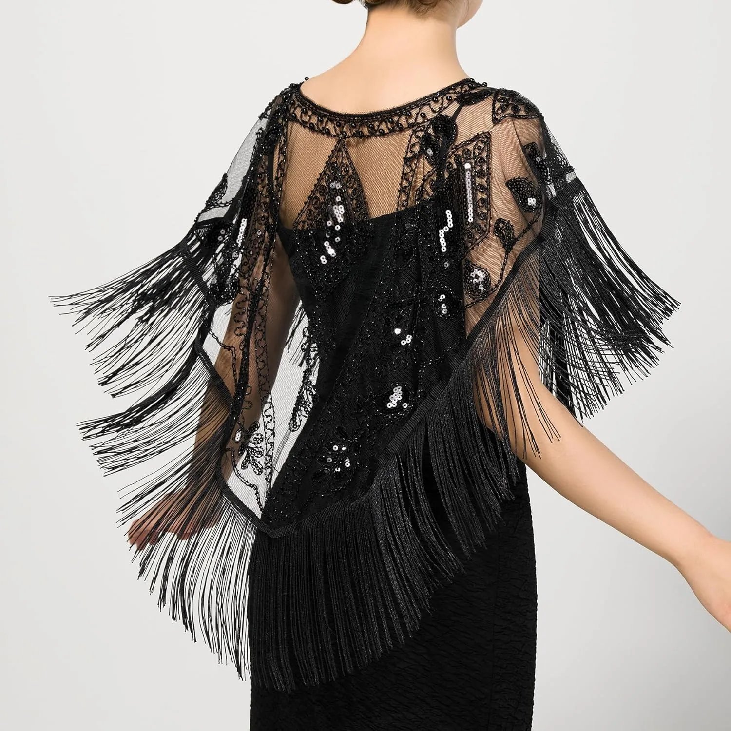 SWEETV Women's 1920s Shawl Wraps,Sequin Beaded Flapper Evening Shawls for women formal/Party/Wedding/Formal/Harlem night
