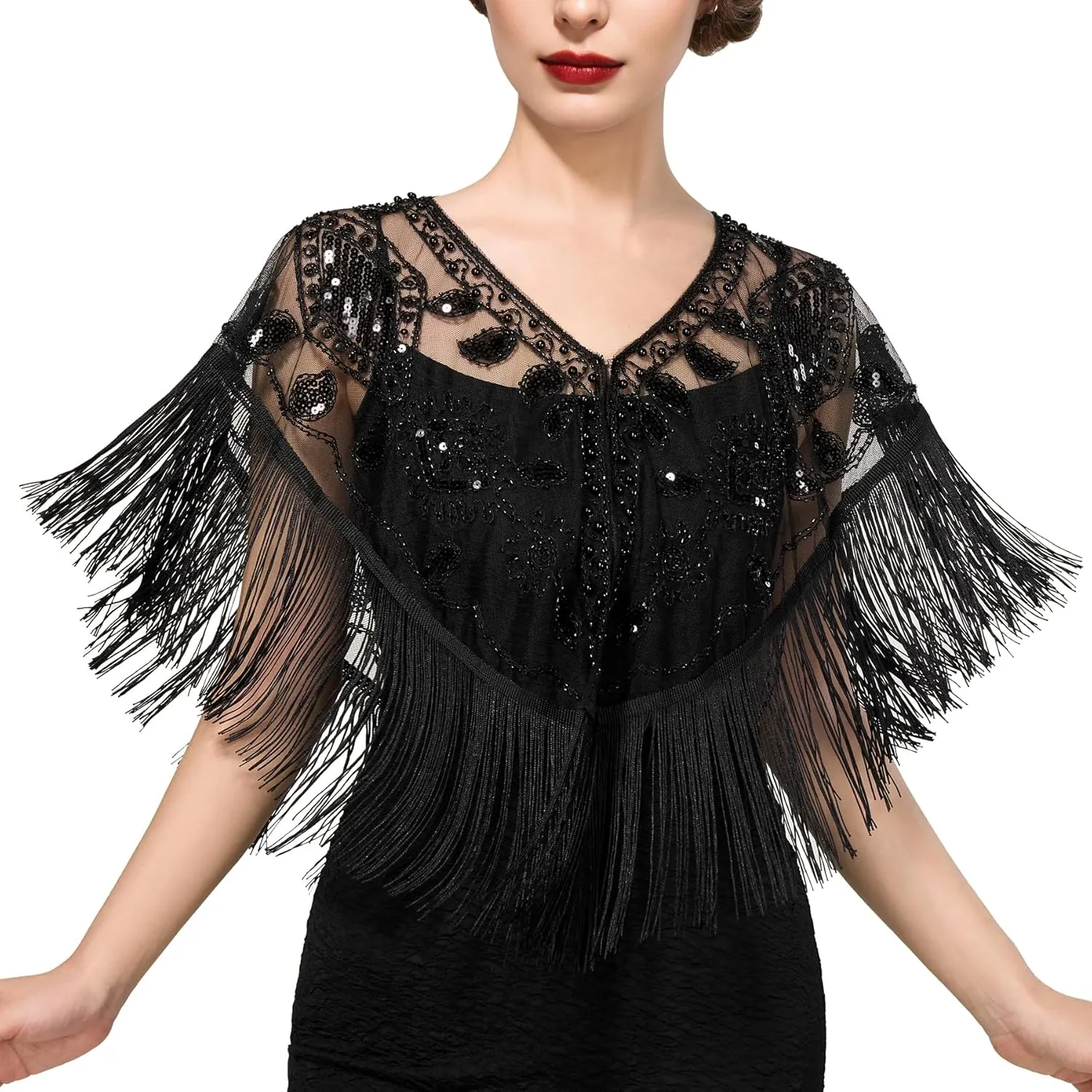 SWEETV Women's 1920s Shawl Wraps,Sequin Beaded Flapper Evening Shawls for women formal/Party/Wedding/Formal/Harlem night
