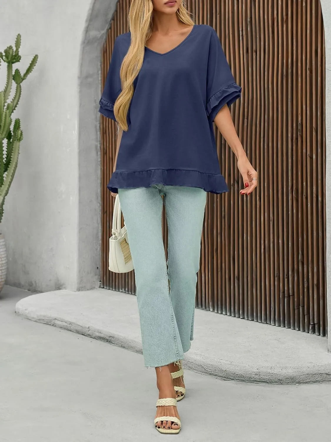 Tankaneo Womens Oversized Ruffle Short Sleeve Tshirts Summer Casual V Neck Peplum Tops Flowy Loose Fit Blouse