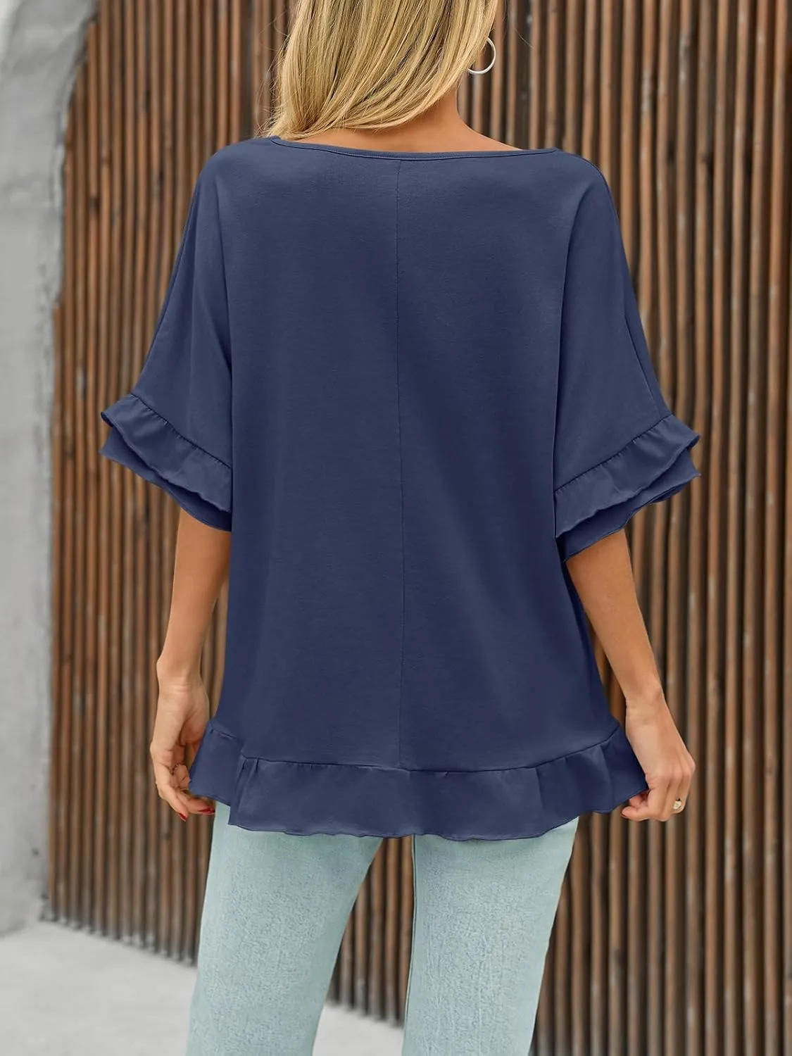 Tankaneo Womens Oversized Ruffle Short Sleeve Tshirts Summer Casual V Neck Peplum Tops Flowy Loose Fit Blouse