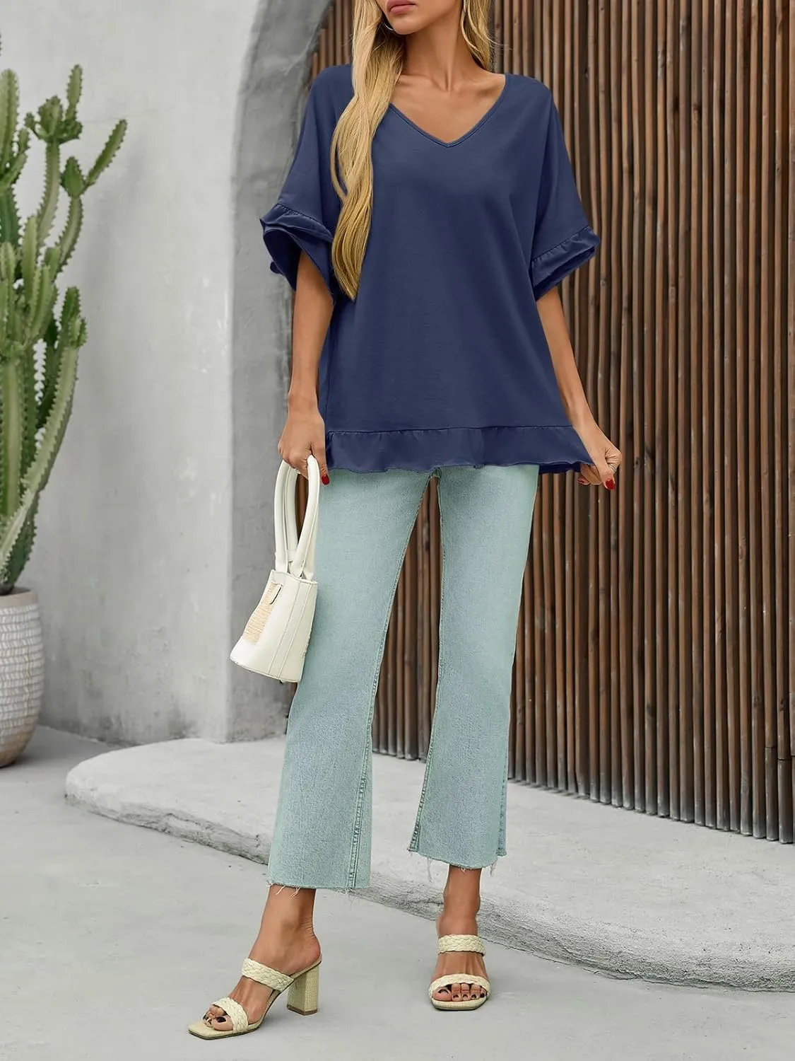 Tankaneo Womens Oversized Ruffle Short Sleeve Tshirts Summer Casual V Neck Peplum Tops Flowy Loose Fit Blouse